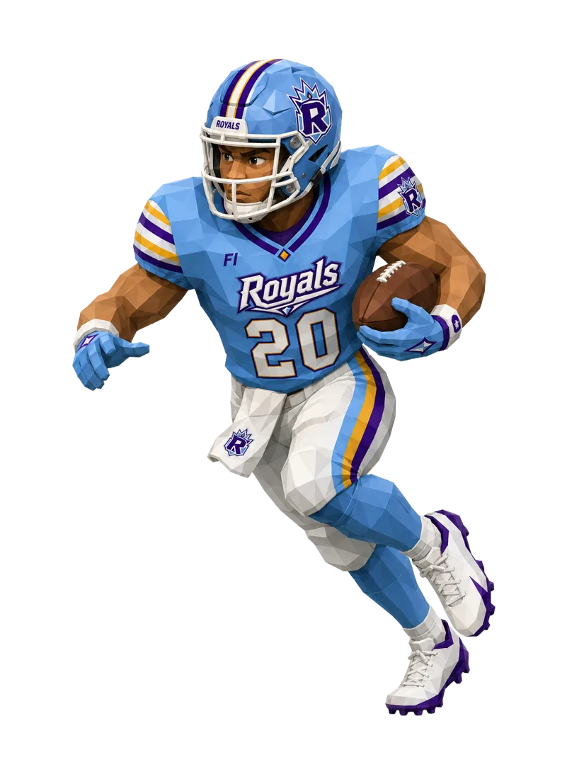 Football Immortals card art: a running back in Royals powder blue, number 20, ball tucked mid-stride