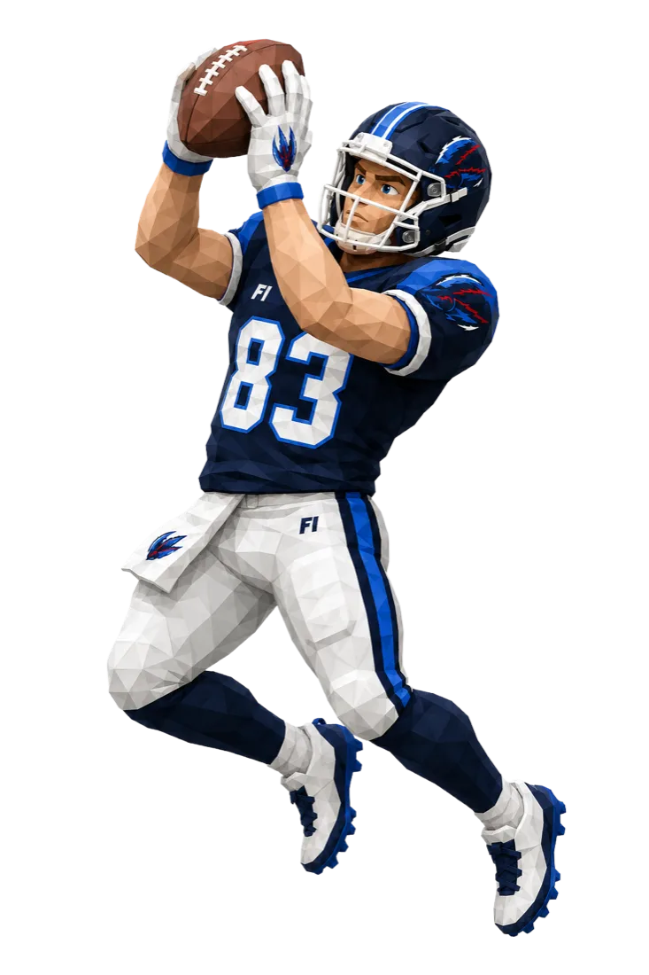 Football Immortals card art: a receiver in navy and white, number 83, rising for a two-handed catch